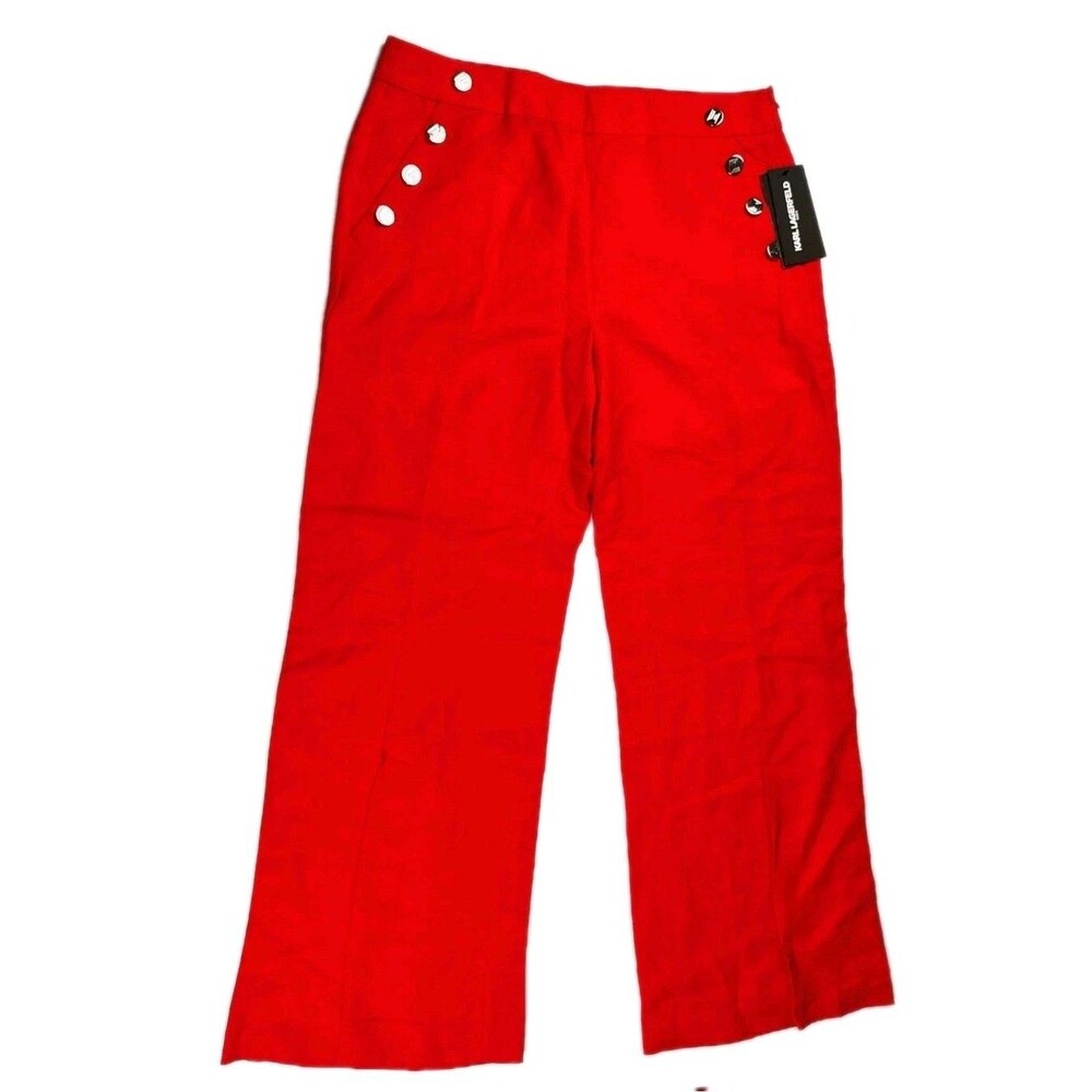 Karl Lagerfeld Paris Women's Apple Red Mid-Rise Linen-Blend Sailor Pants Size 12